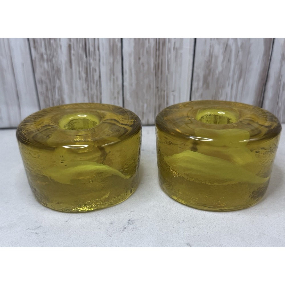 Pair Vintage Amber Yellow Glass T aper Candle Holders Round Mid Century Style